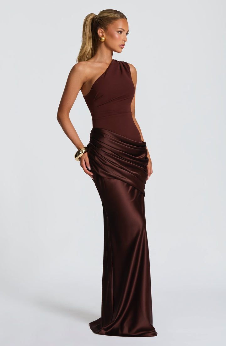Women's One-Shoulder Maxi Dress with Draped Hip and Glossy Skirt