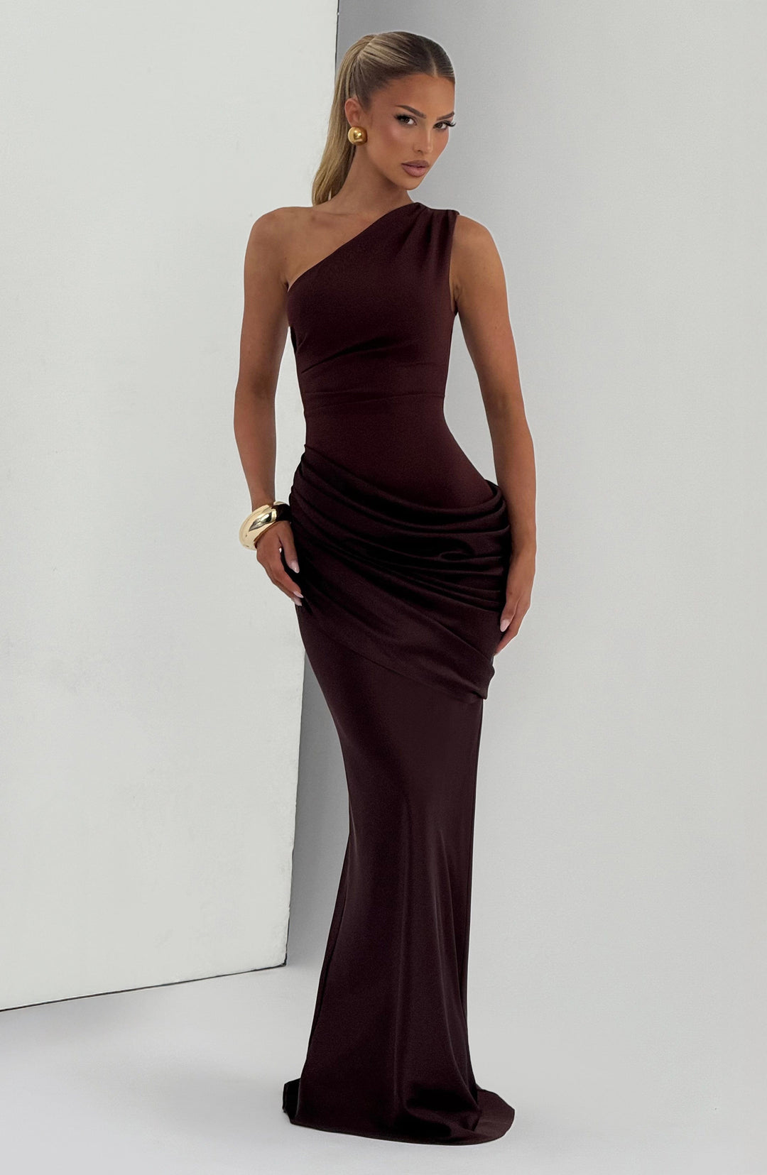 Women's One-Shoulder Maxi Dress with Draped Hip and Glossy Skirt