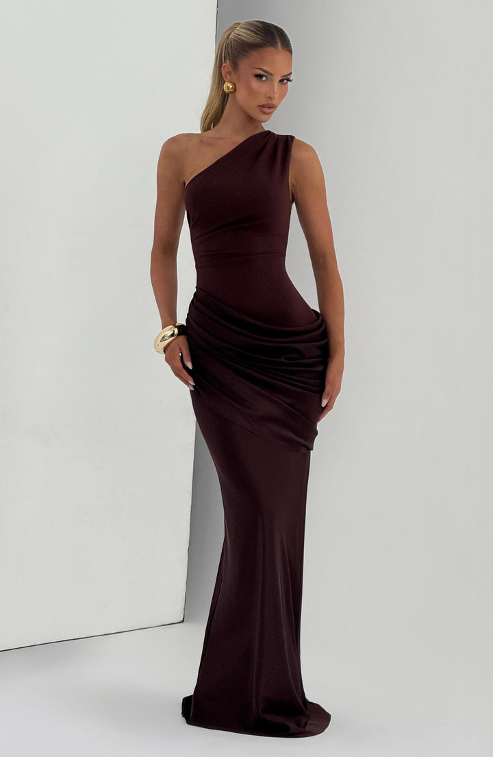 Women's One-Shoulder Maxi Dress with Draped Hip and Glossy Skirt