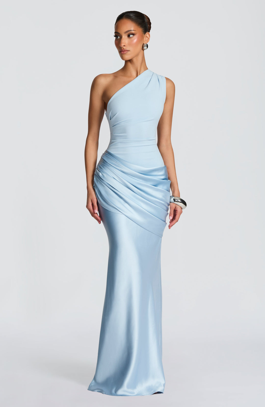 Women's One-Shoulder Maxi Dress with Draped Hip and Glossy Skirt