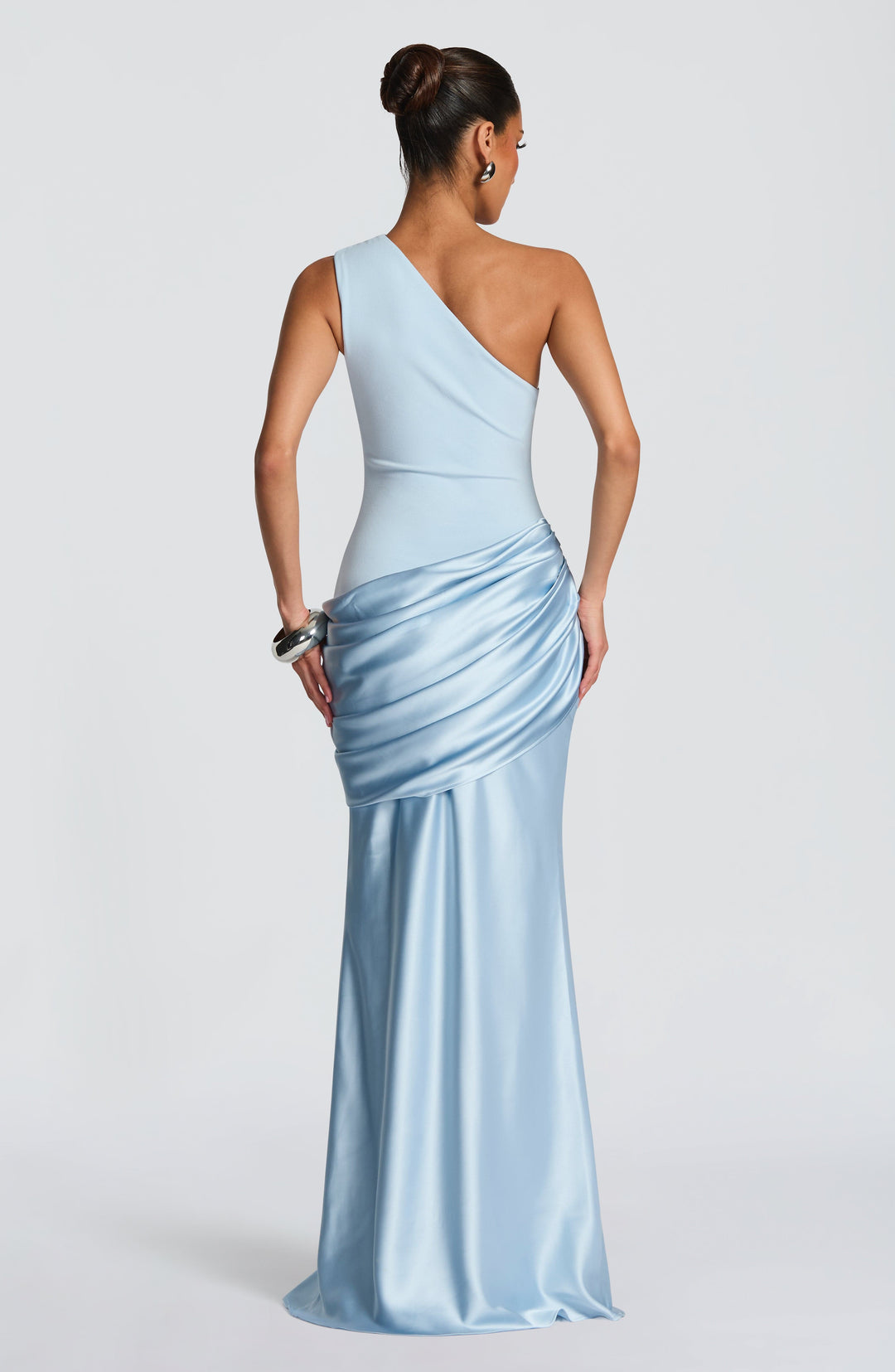 Women's One-Shoulder Maxi Dress with Draped Hip and Glossy Skirt