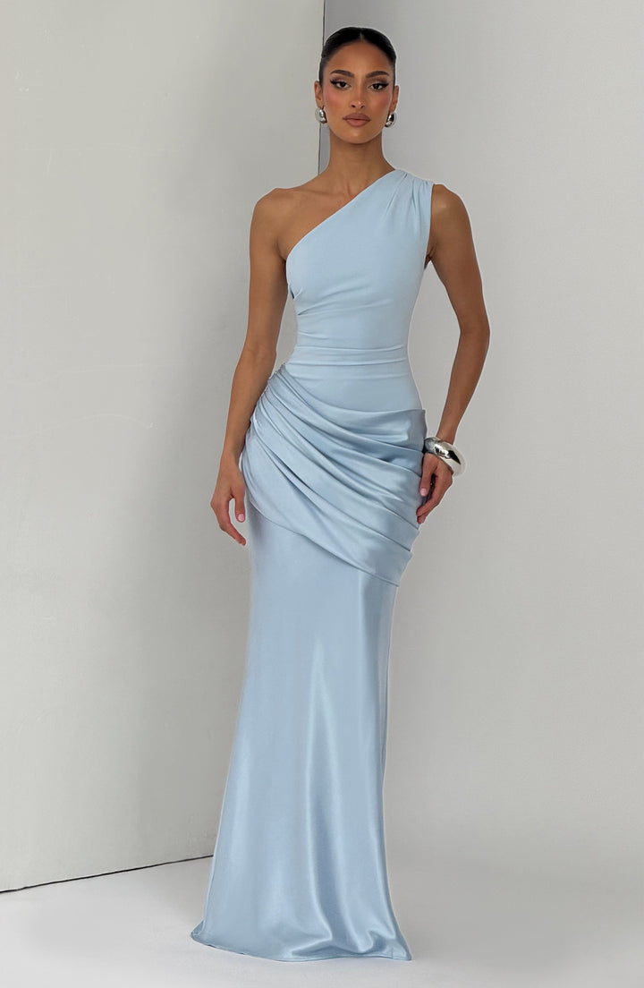 Women's One-Shoulder Maxi Dress with Draped Hip and Glossy Skirt