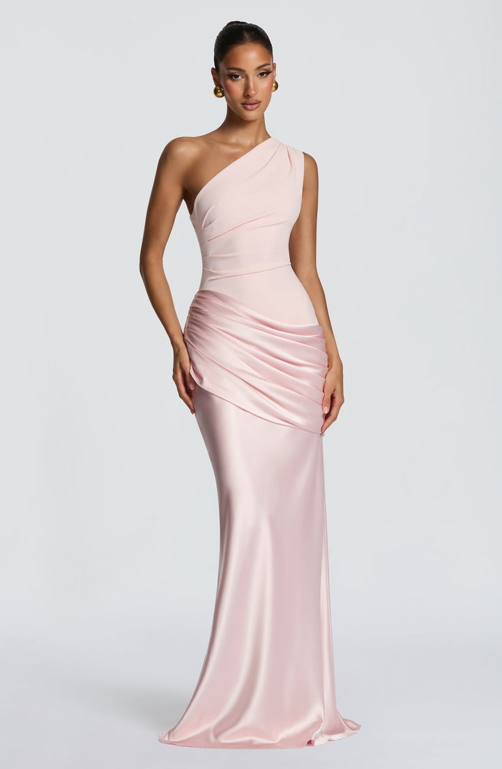 Women's One-Shoulder Maxi Dress with Draped Hip and Glossy Skirt