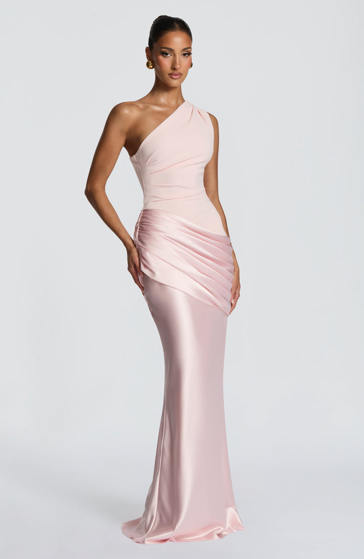 Women's One-Shoulder Maxi Dress with Draped Hip and Glossy Skirt