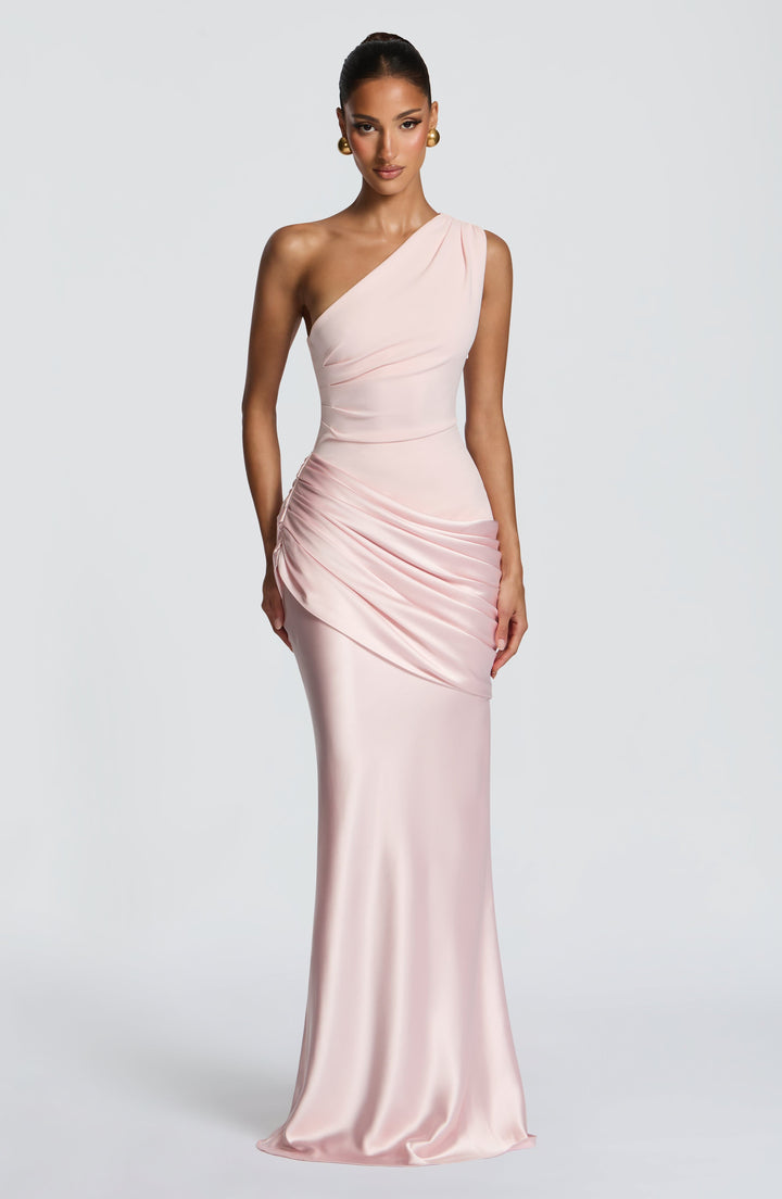 Women's One-Shoulder Maxi Dress with Draped Hip and Glossy Skirt