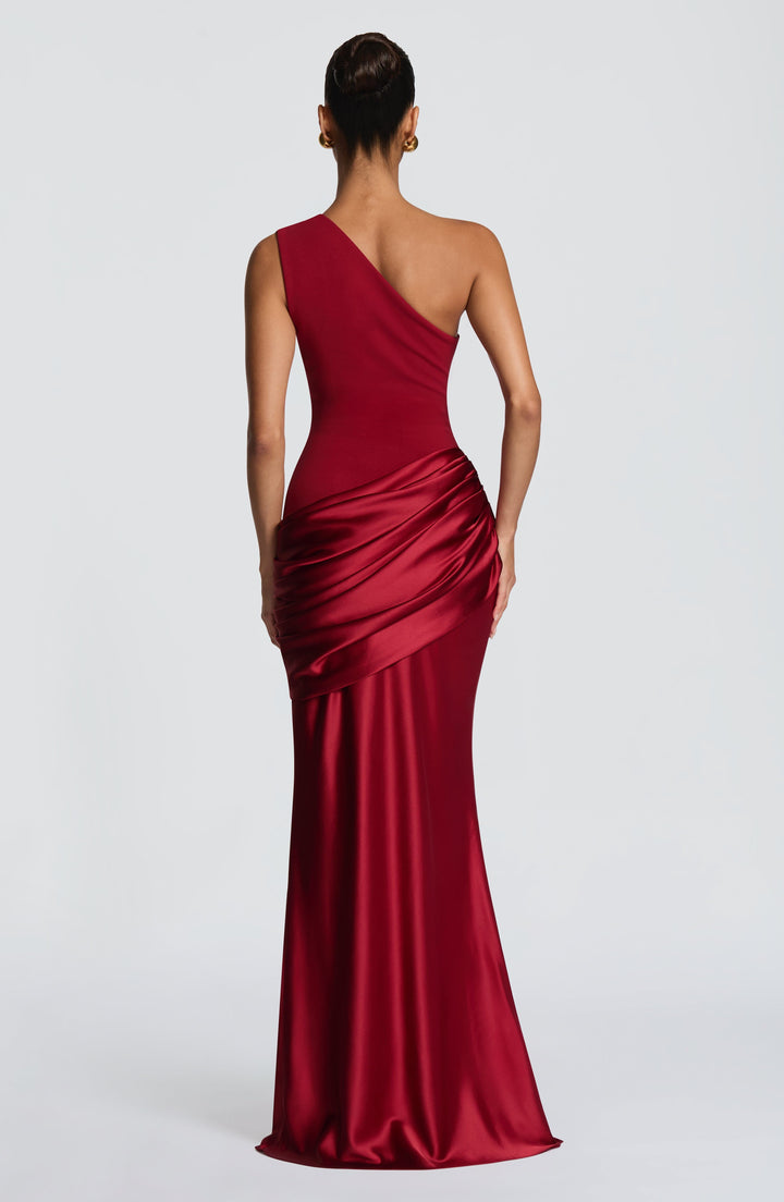 Women's One-Shoulder Maxi Dress with Draped Hip and Glossy Skirt