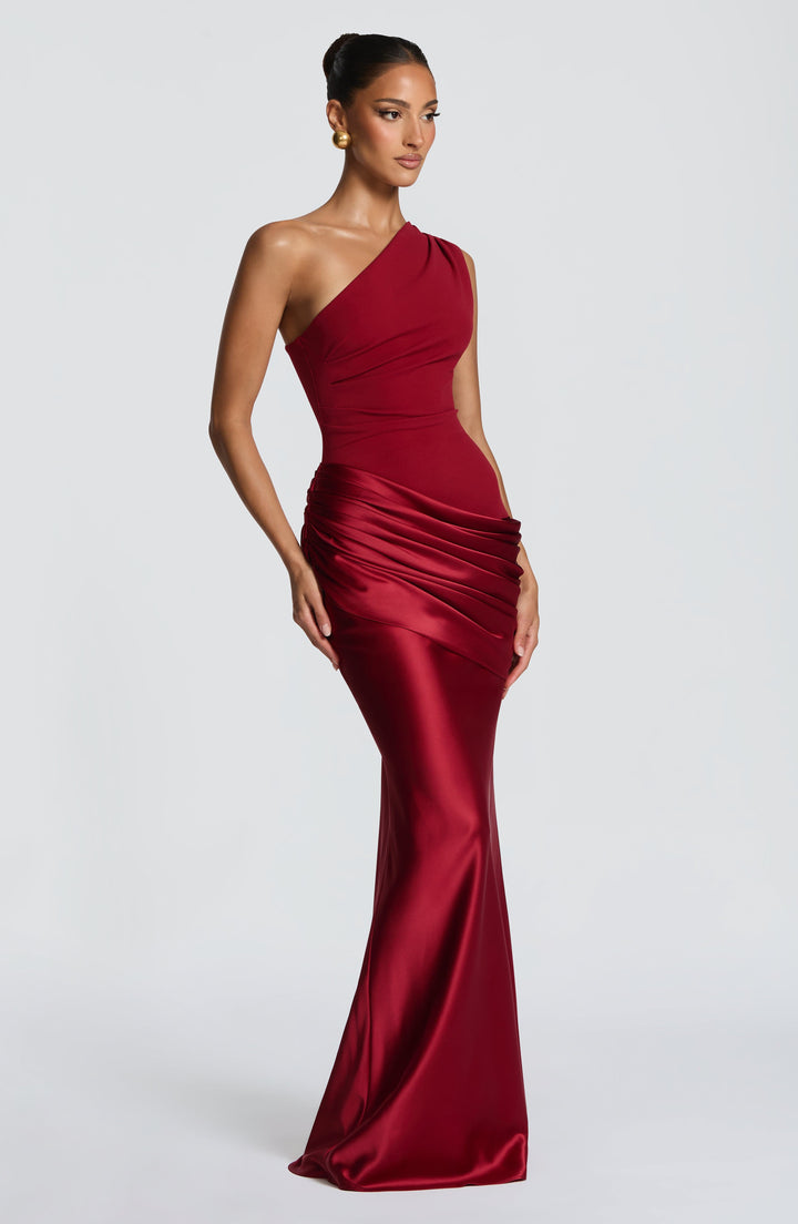 Women's One-Shoulder Maxi Dress with Draped Hip and Glossy Skirt