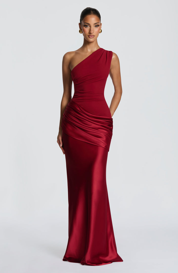 Women's One-Shoulder Maxi Dress with Draped Hip and Glossy Skirt