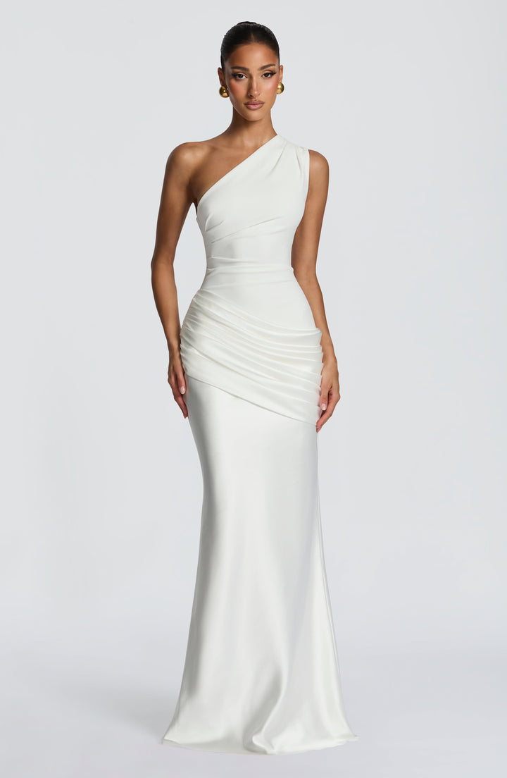 Women's One-Shoulder Maxi Dress with Draped Hip and Glossy Skirt
