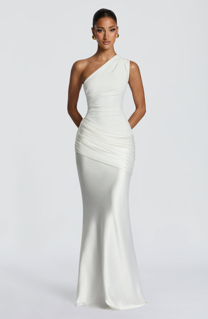 Women's One-Shoulder Maxi Dress with Draped Hip and Glossy Skirt