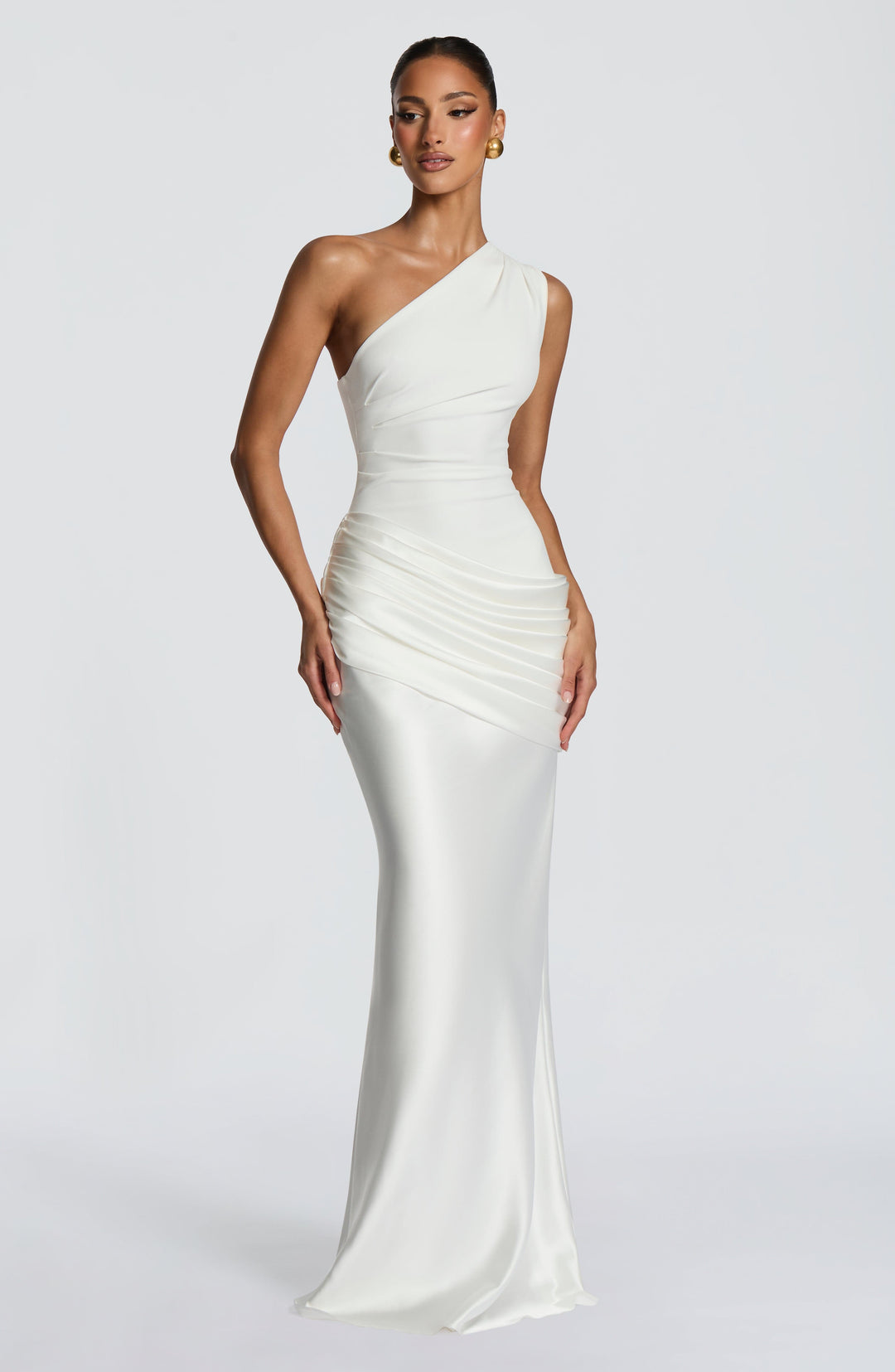 Women's One-Shoulder Maxi Dress with Draped Hip and Glossy Skirt