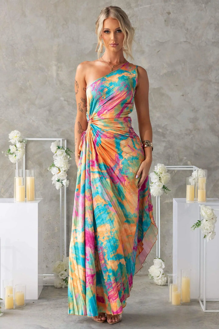 Women's One-Shoulder Pleated Maxi Dress with Waist Opening and Tie Closure