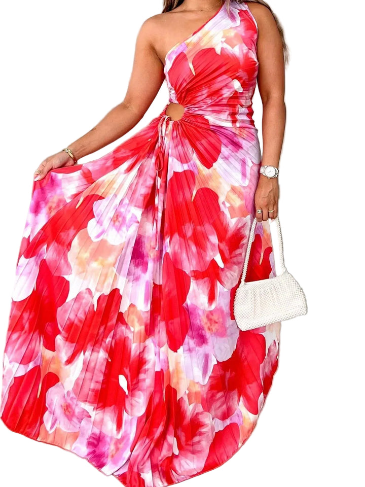 Women's One-Shoulder Pleated Maxi Dress with Waist Opening and Tie Closure