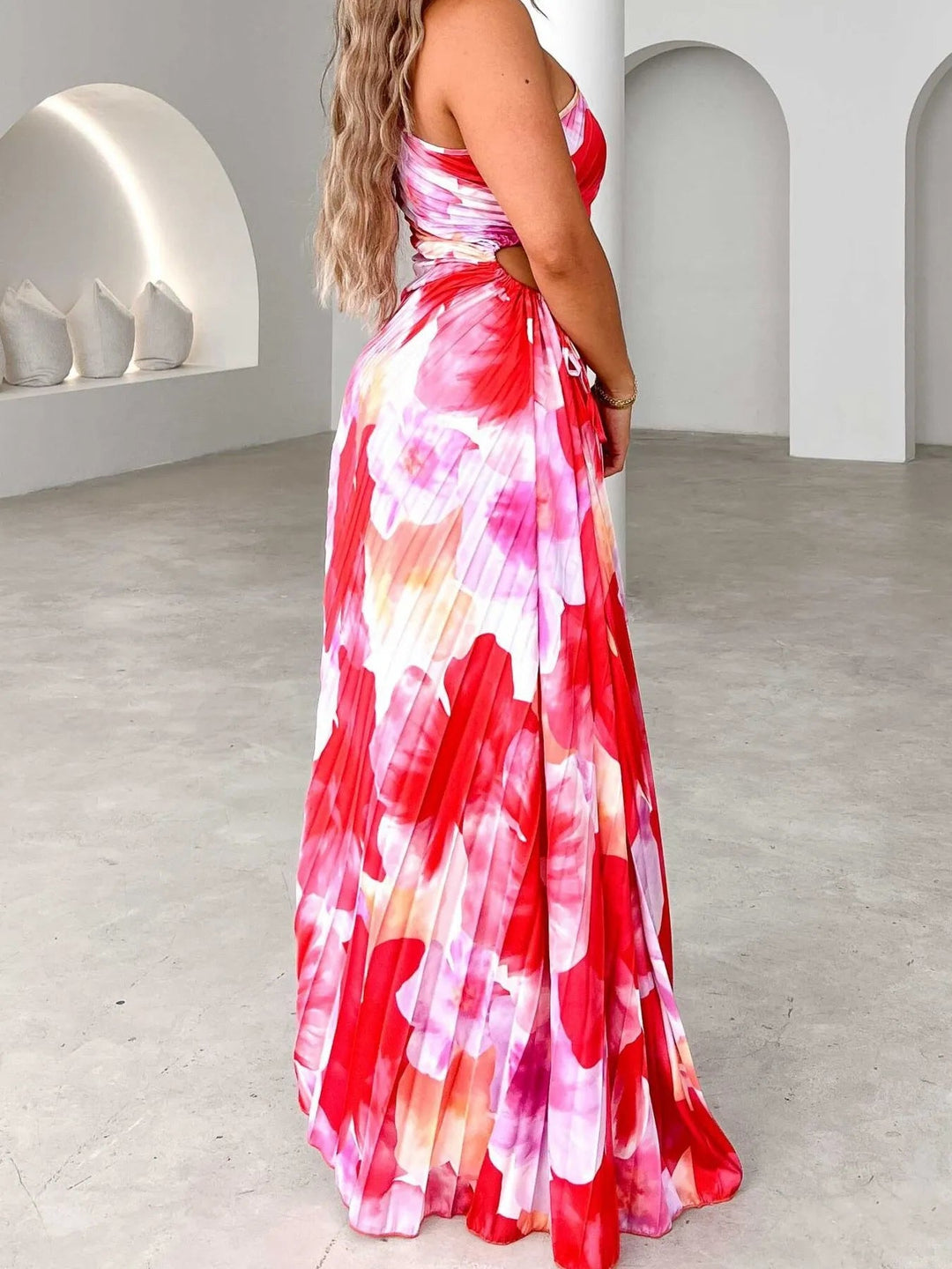 Women's One-Shoulder Pleated Maxi Dress with Waist Opening and Tie Closure
