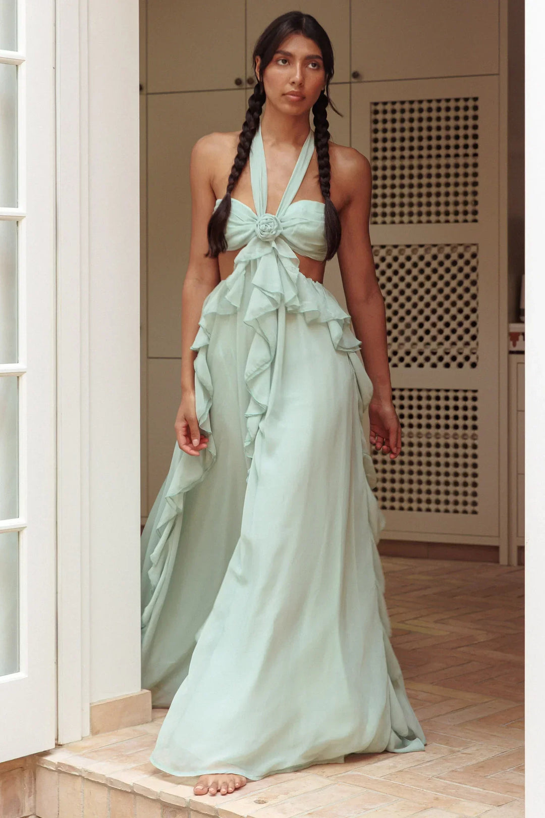 Women's Open-Waist Maxi Dress with Ruffle Skirt and Rosette Front