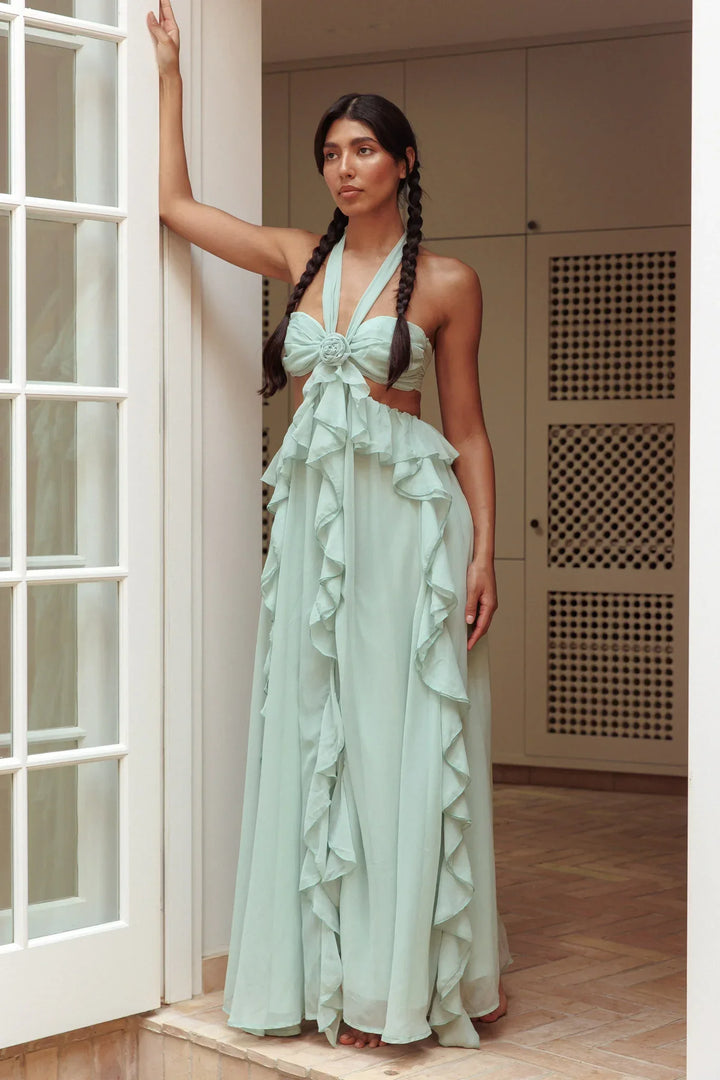 Women's Open-Waist Maxi Dress with Ruffle Skirt and Rosette Front