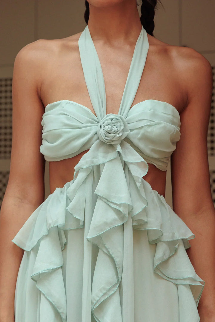 Women's Open-Waist Maxi Dress with Ruffle Skirt and Rosette Front