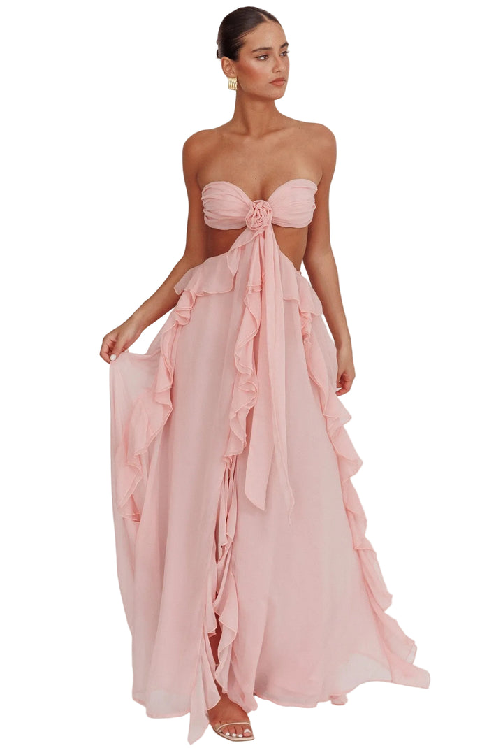 Women's Open-Waist Maxi Dress with Ruffle Skirt and Rosette Front