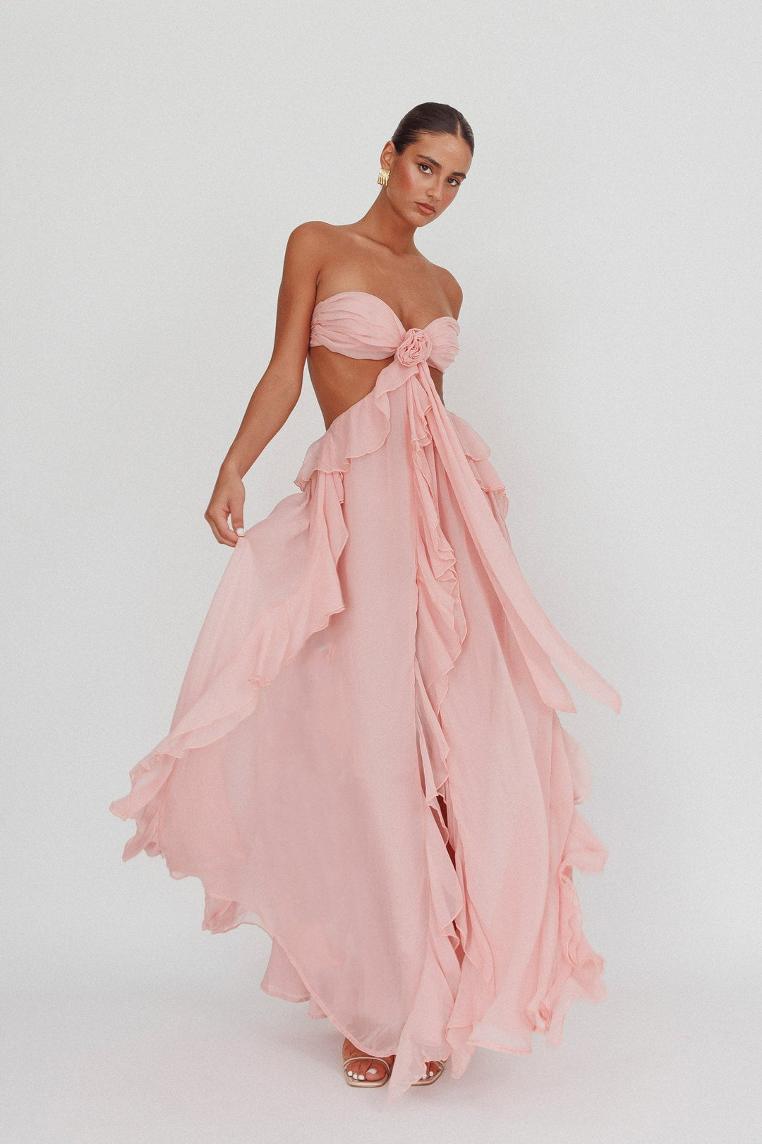 Women's Open-Waist Maxi Dress with Ruffle Skirt and Rosette Front