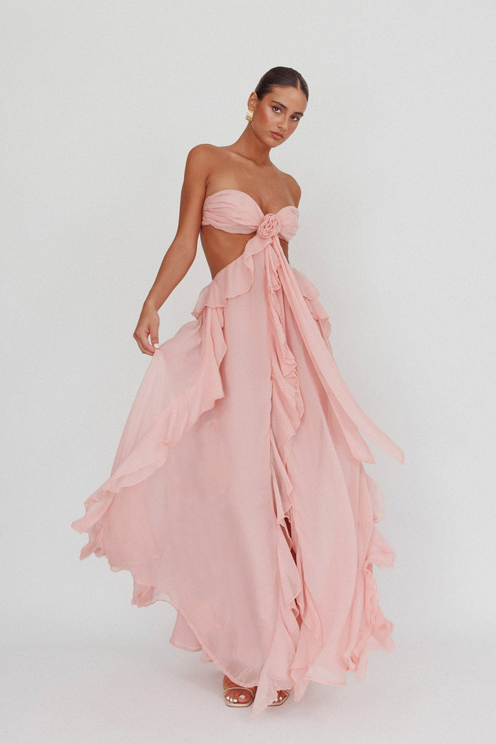 Women's Open-Waist Maxi Dress with Ruffle Skirt and Rosette Front