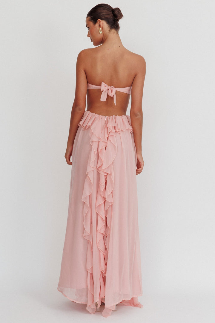 Women's Open-Waist Maxi Dress with Ruffle Skirt and Rosette Front