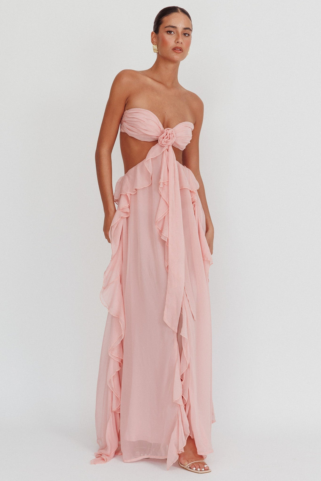 Women's Open-Waist Maxi Dress with Ruffle Skirt and Rosette Front