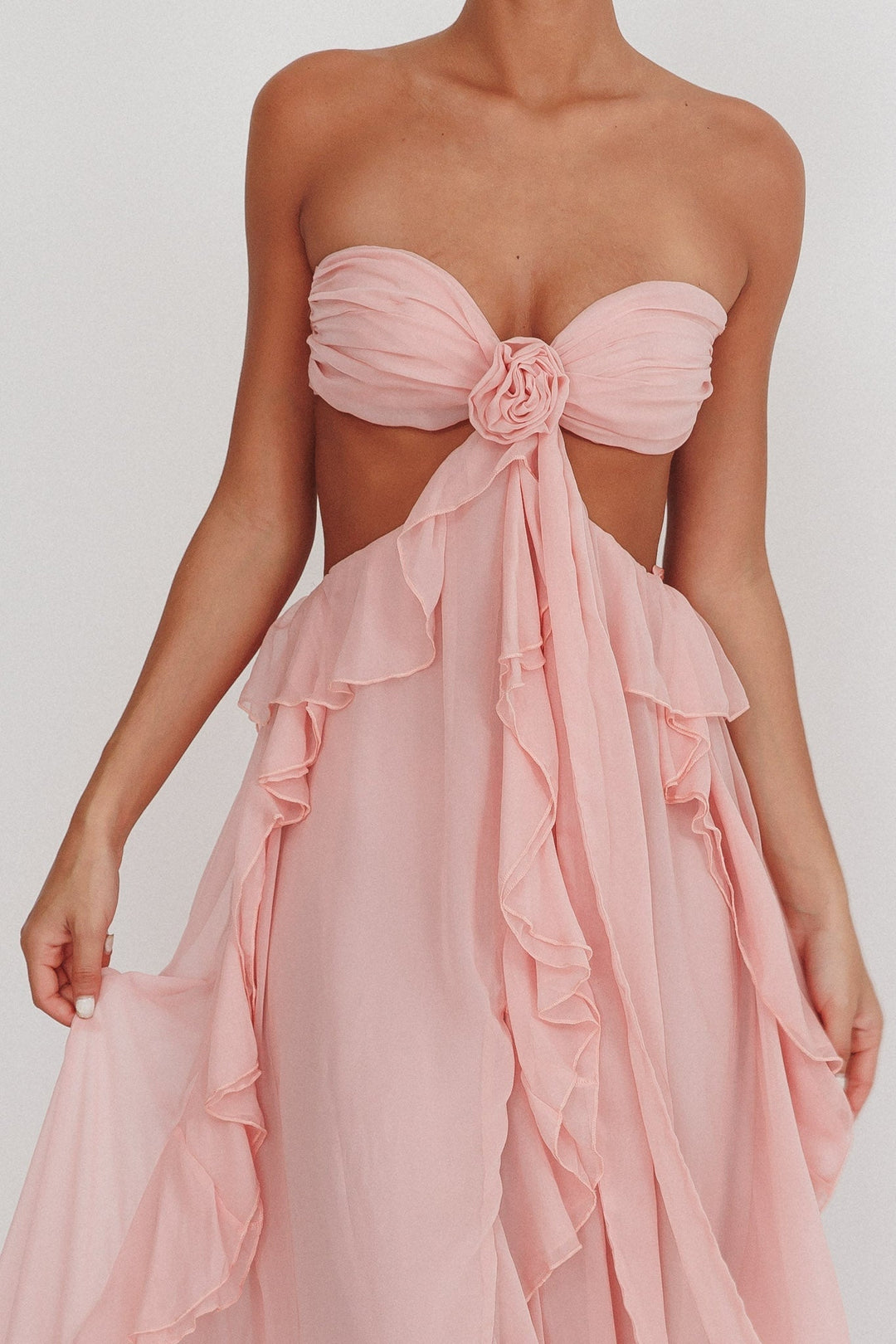 Women's Open-Waist Maxi Dress with Ruffle Skirt and Rosette Front