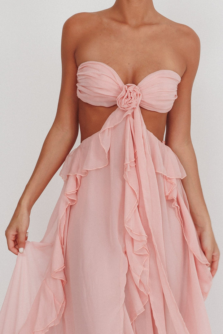 Women's Open-Waist Maxi Dress with Ruffle Skirt and Rosette Front