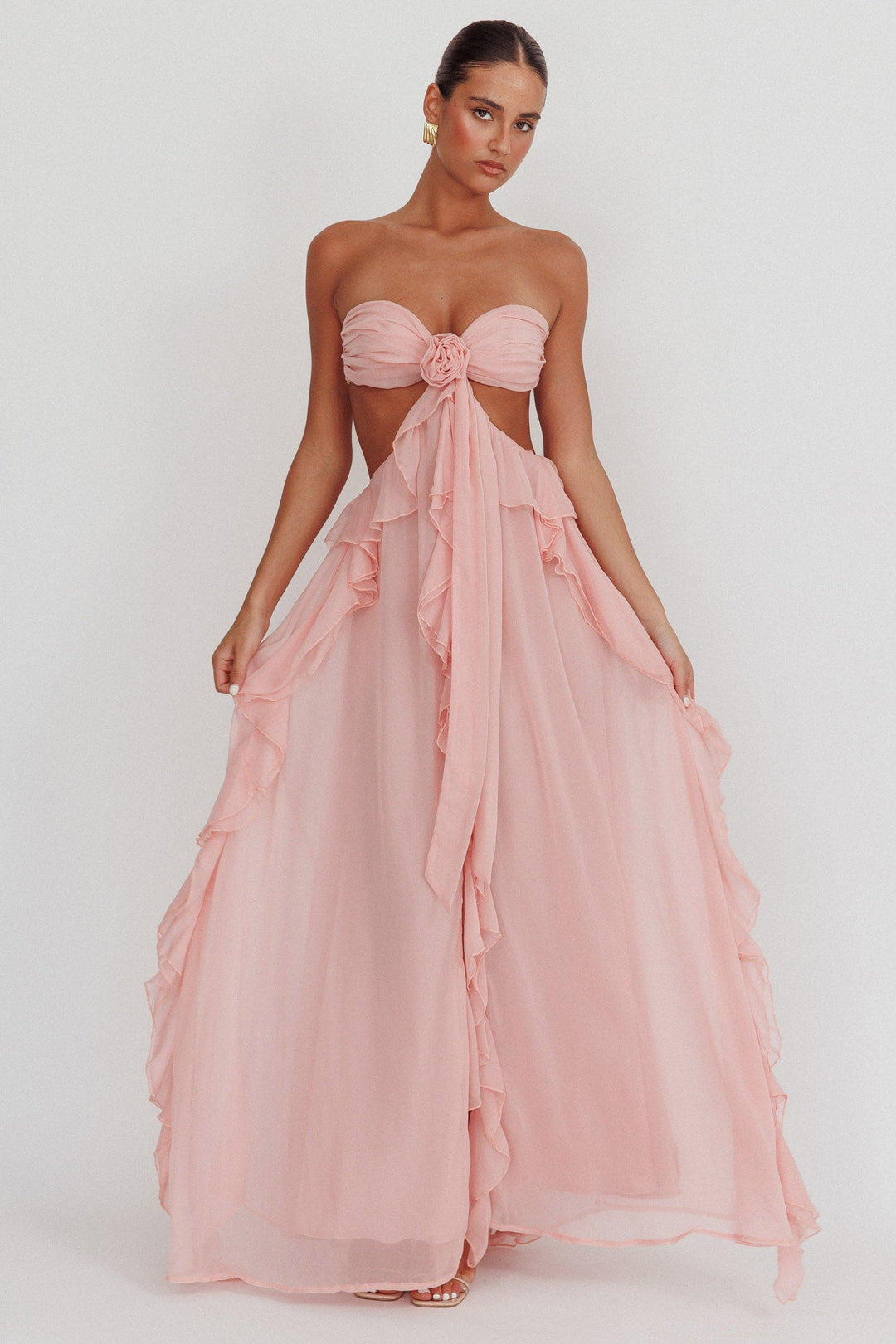 Women's Open-Waist Maxi Dress with Ruffle Skirt and Rosette Front