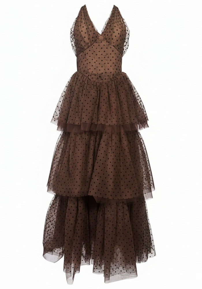 Women's Polka Dot Halter Neckline Tiered Maxi Dress with Smocked Waist