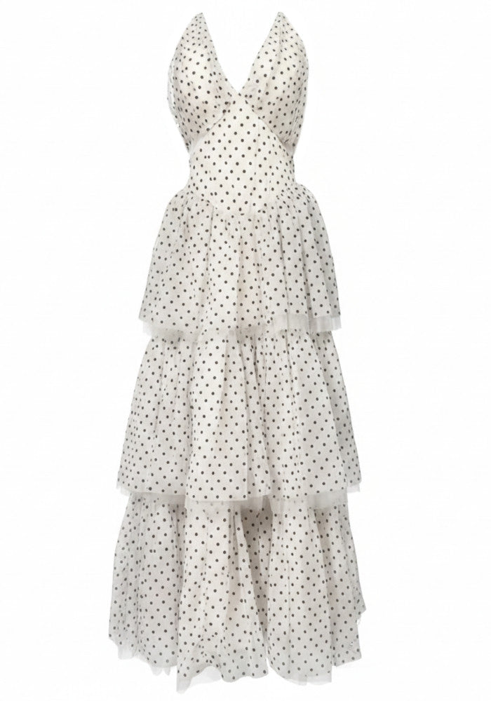 Women's Polka Dot Halter Neckline Tiered Maxi Dress with Smocked Waist
