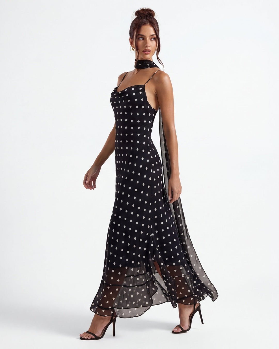 Women's Polka Dot Spaghetti Strap Maxi Dress with Neck Scarf and Ruffle Hem