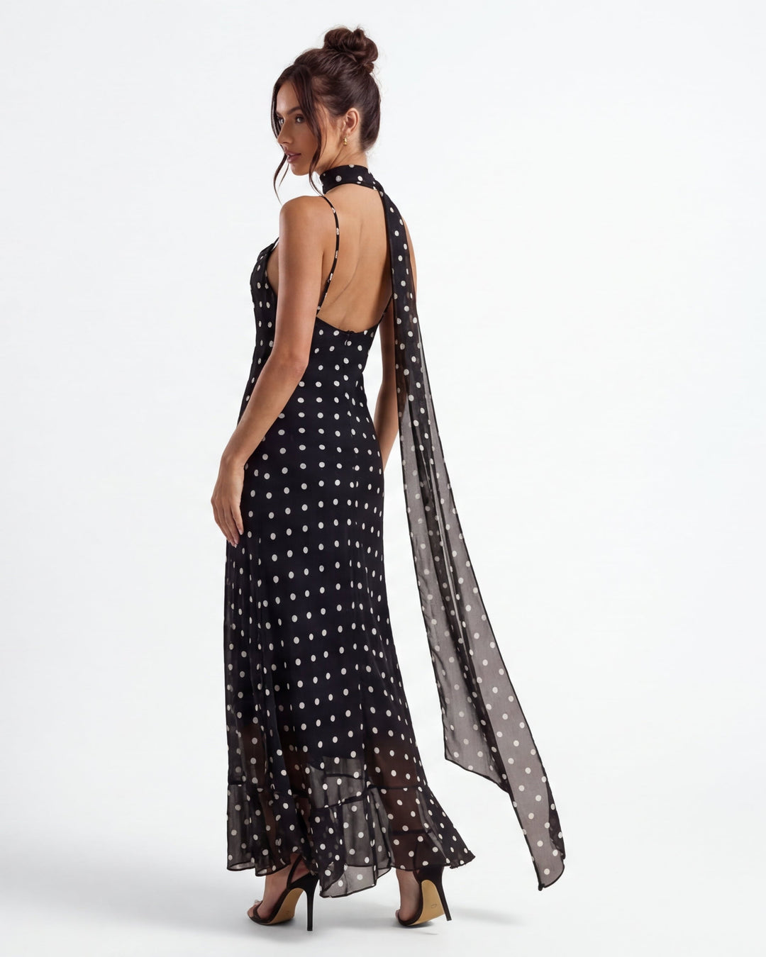 Women's Polka Dot Spaghetti Strap Maxi Dress with Neck Scarf and Ruffle Hem
