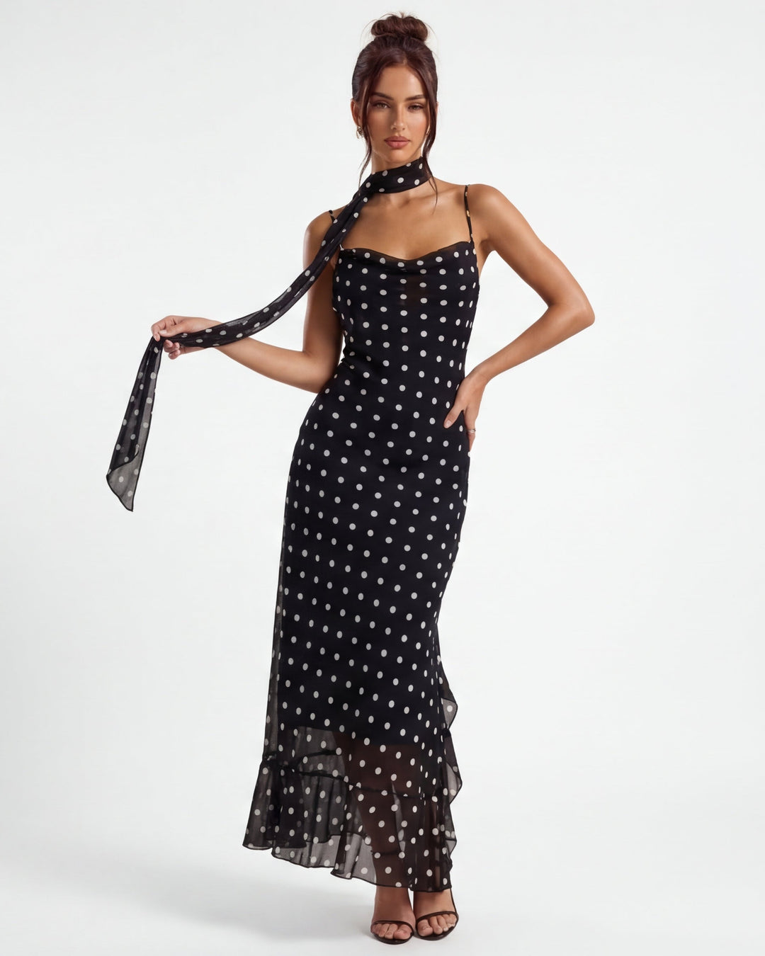 Women's Polka Dot Spaghetti Strap Maxi Dress with Neck Scarf and Ruffle Hem
