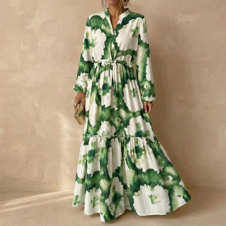 Women's Printed Long Balloon Sleeve Maxi Dress with Stand Collar Waist Tie and Ruffle Hem Tier