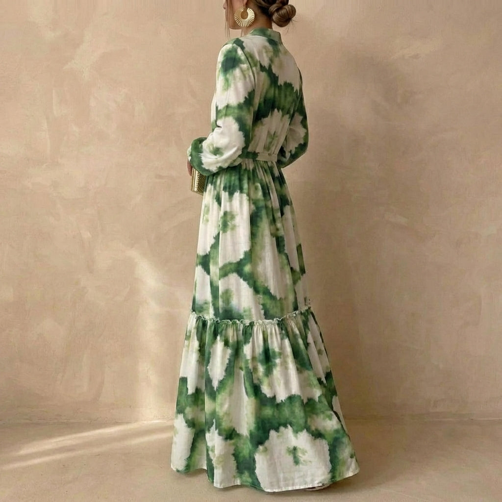 Women's Printed Long Balloon Sleeve Maxi Dress with Stand Collar Waist Tie and Ruffle Hem Tier