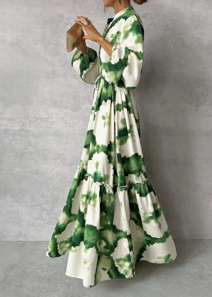 Women's Printed Long Balloon Sleeve Maxi Dress with Stand Collar Waist Tie and Ruffle Hem Tier