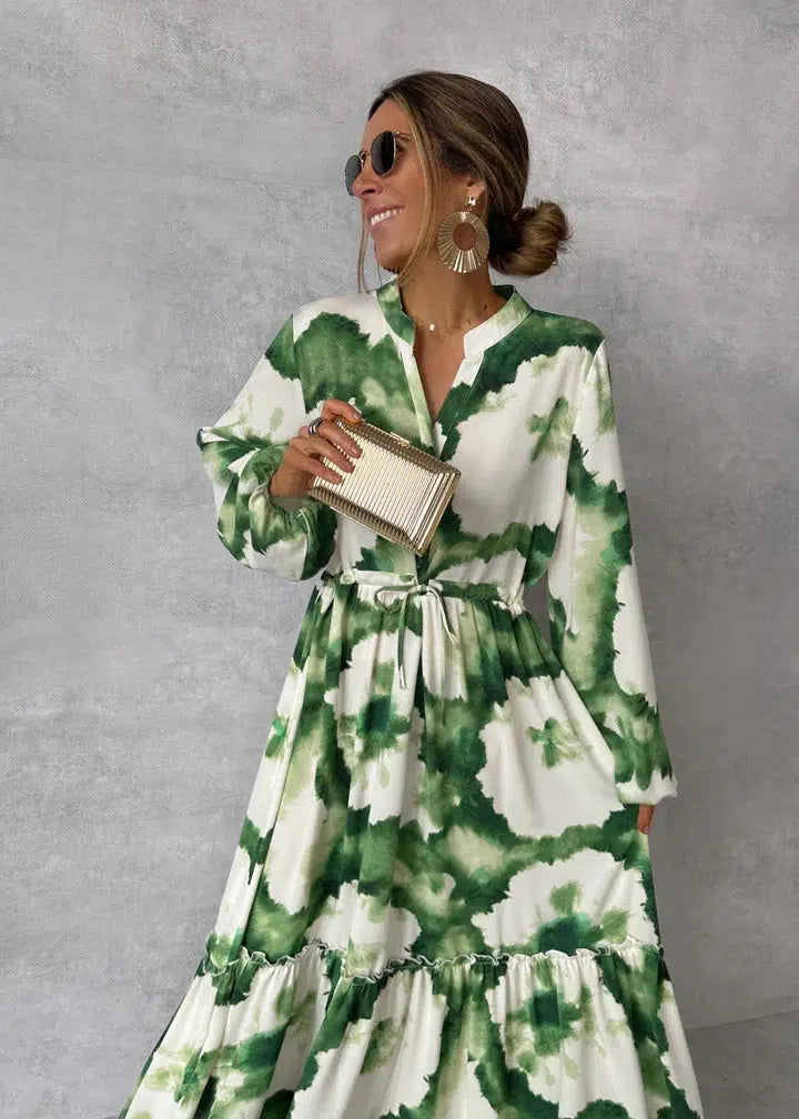 Women's Printed Long Balloon Sleeve Maxi Dress with Stand Collar Waist Tie and Ruffle Hem Tier