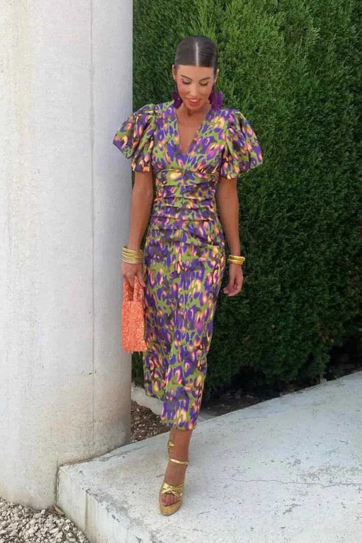 Women's Printed Puff Sleeve Deep V-Neck Midi Dress with Wrapped Gathered Waist