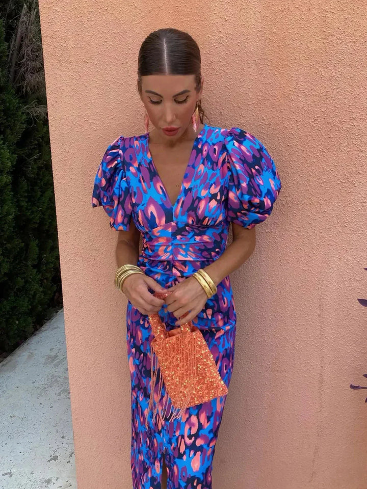 Women's Printed Puff Sleeve Deep V-Neck Midi Dress with Wrapped Gathered Waist
