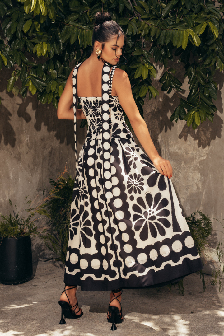 Women's Printed Square Neckline Sleeveless Maxi Dress with Flared Skirt