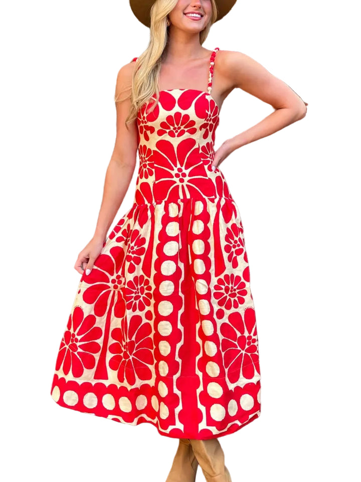 Women's Printed Square Neckline Sleeveless Maxi Dress with Flared Skirt