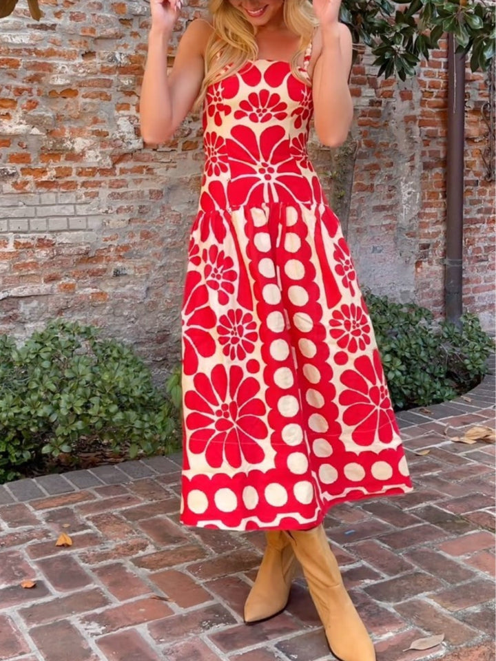 Women's Printed Square Neckline Sleeveless Maxi Dress with Flared Skirt