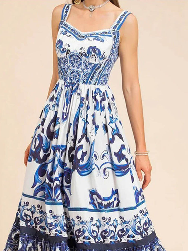 Women's Printed Sweetheart Neckline Sleeveless Maxi Dress with Tiered Skirt