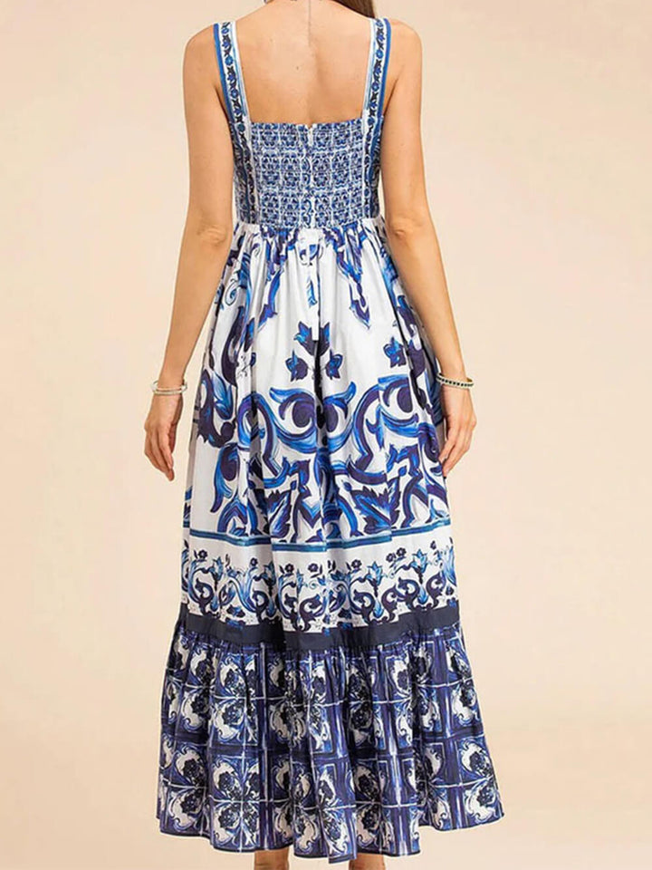 Women's Printed Sweetheart Neckline Sleeveless Maxi Dress with Tiered Skirt