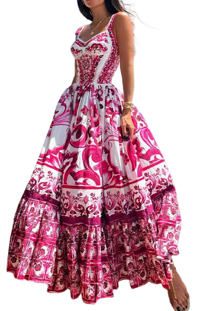 Women's Printed Sweetheart Neckline Sleeveless Maxi Dress with Tiered Skirt