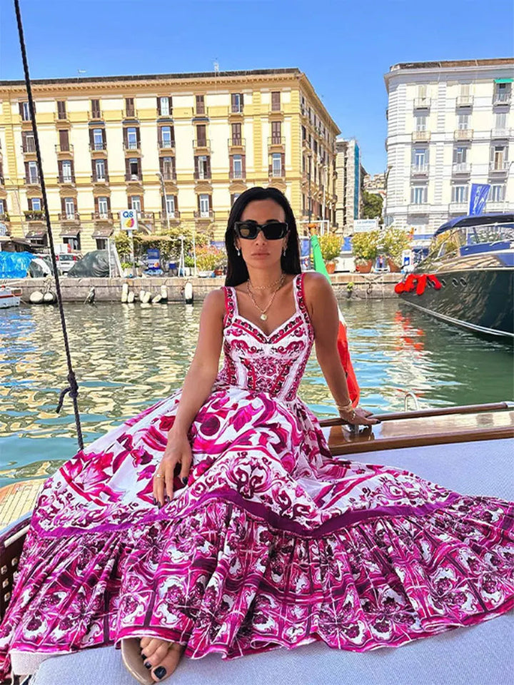 Women's Printed Sweetheart Neckline Sleeveless Maxi Dress with Tiered Skirt