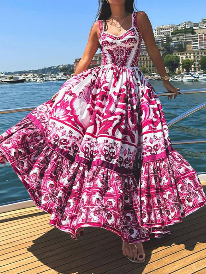 Women's Printed Sweetheart Neckline Sleeveless Maxi Dress with Tiered Skirt