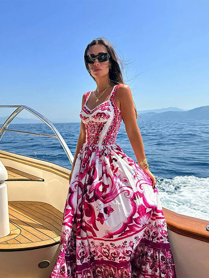 Women's Printed Sweetheart Neckline Sleeveless Maxi Dress with Tiered Skirt
