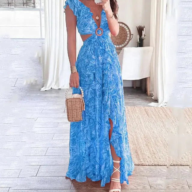 Women's Printed V-Neck Flutter Sleeve Maxi Dress with Side Cut-Outs and Ring Waist